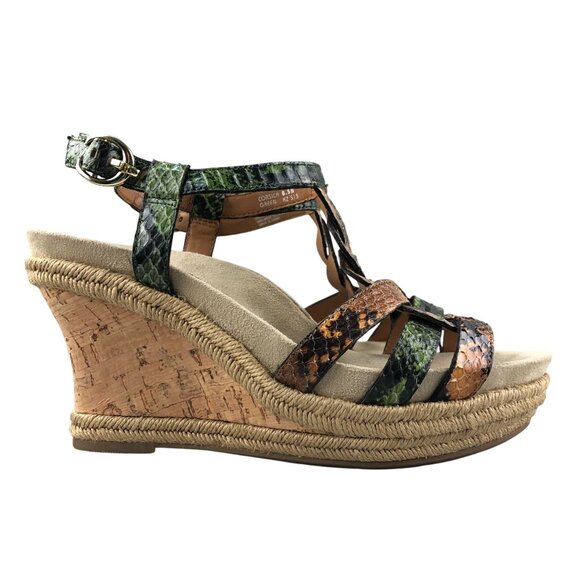 Earthies Women's Size 8.5B Corsica Green Leather Open Toe Espadrille Wedges - Picture 1 of 16